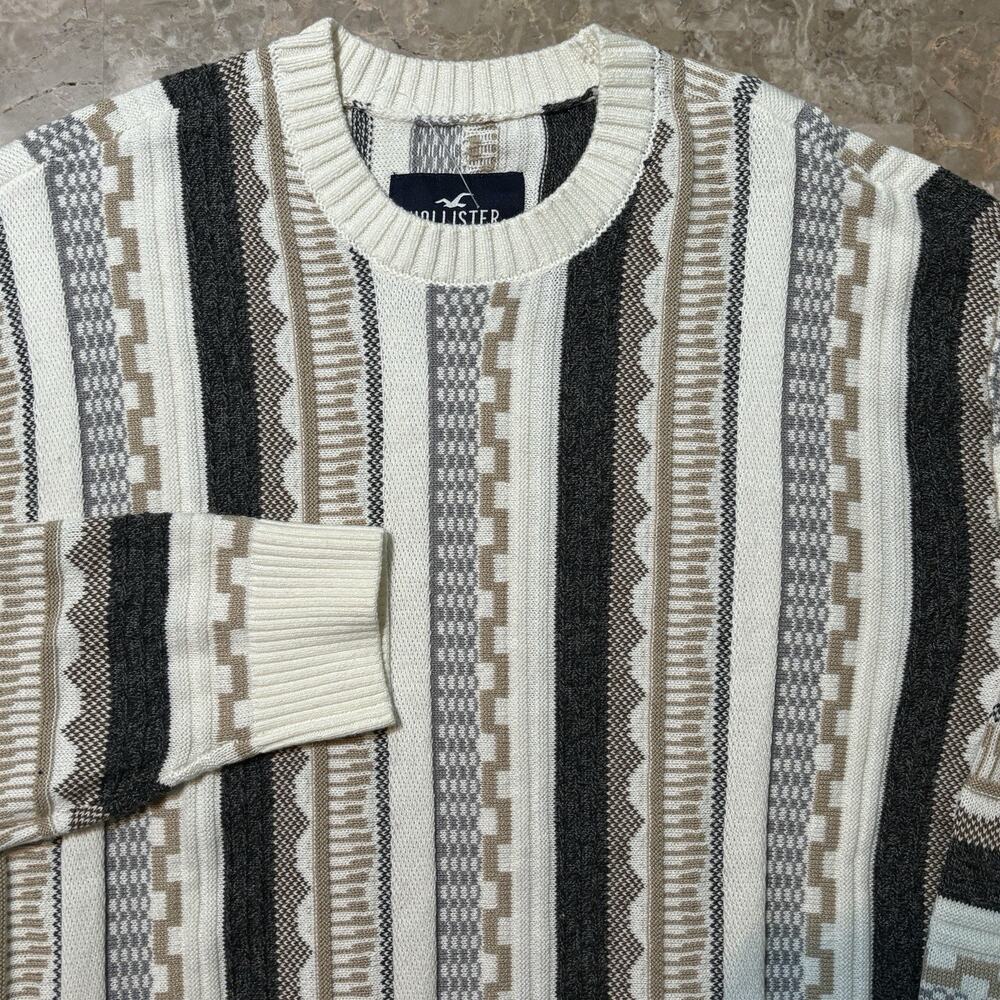 Hollister Sweater Mens Small White Brown 3D Knit Style Crew Neck Essentials